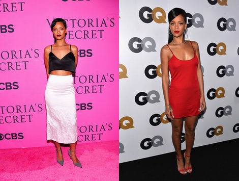 Rihanna con un conjunto de Miu Miu blanco y negro y un vestido minivestido rojo de Calvin Klein