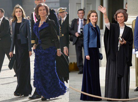 La Princesa Letizia y la Reina Sofía en la Pascua Militar de 2012 (izquierda) y 2014 (derecha)
