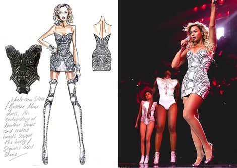 Boceto y minivestido blanco de Beyoncé diseñado por Versace