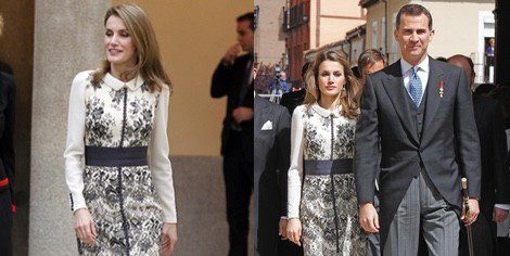 La Reina Letizia con el vestido de Felipe Varela en 2012 y en 2013