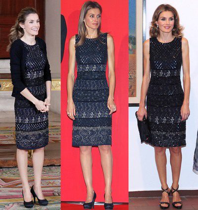 La princesa Letizia reutiliza su vestido negro y azul de Felipe Varela