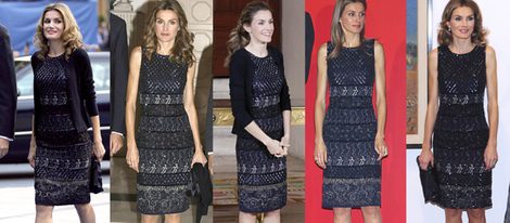 La Princesa Letizia repite un vestido negro y azul de Felipe Varela