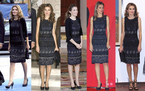 La Princesa Letizia repite un vestido negro y azul de Felipe Varela