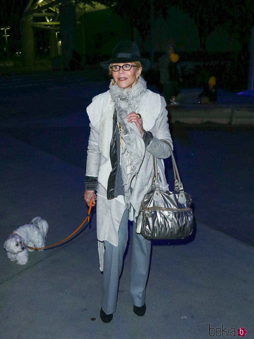 Jane Fonda con un total look gris paseando a su perro en Los Ángeles