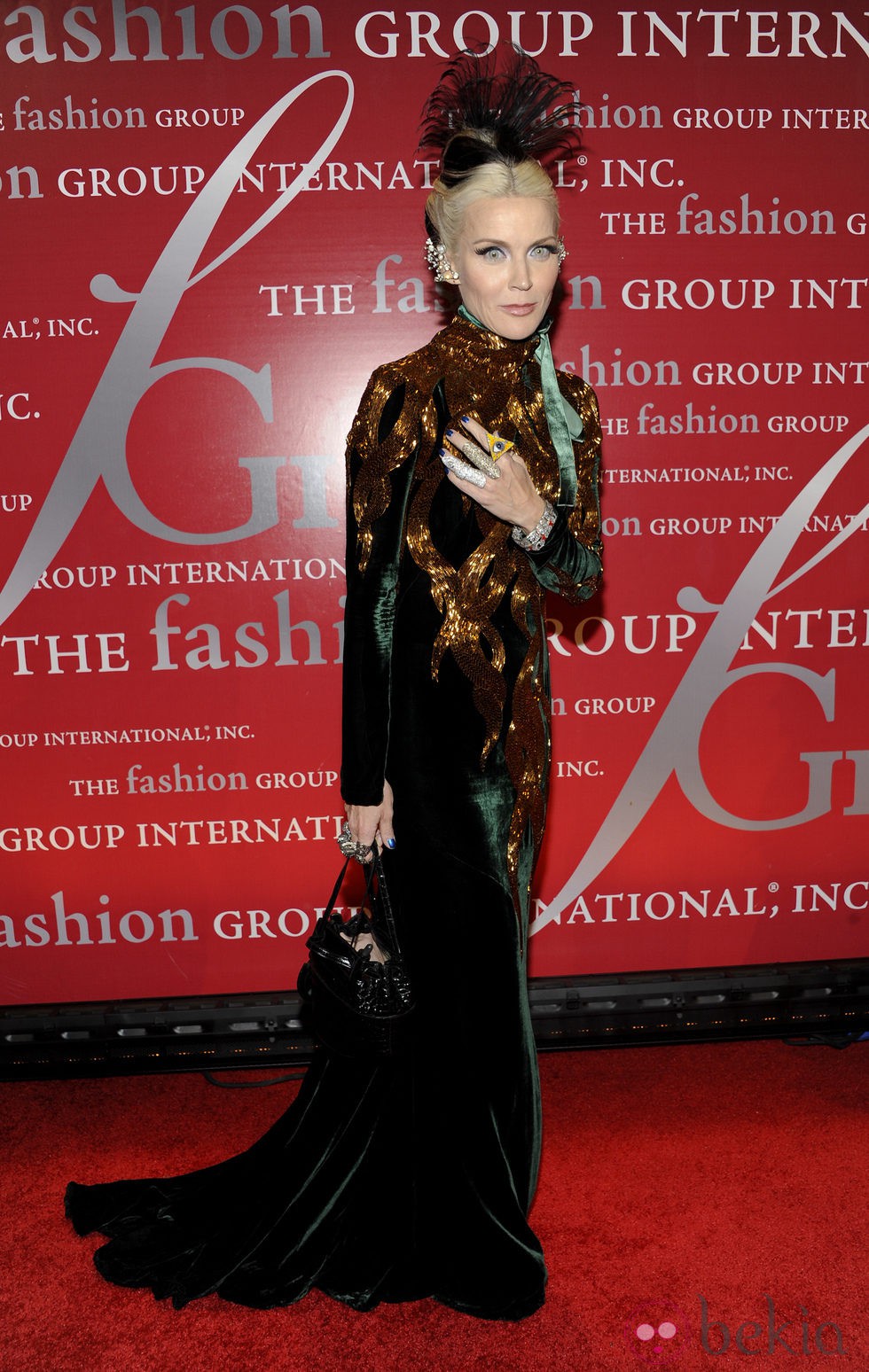 Daphne Guiness con un vestido de terciopelo con detalles dorados