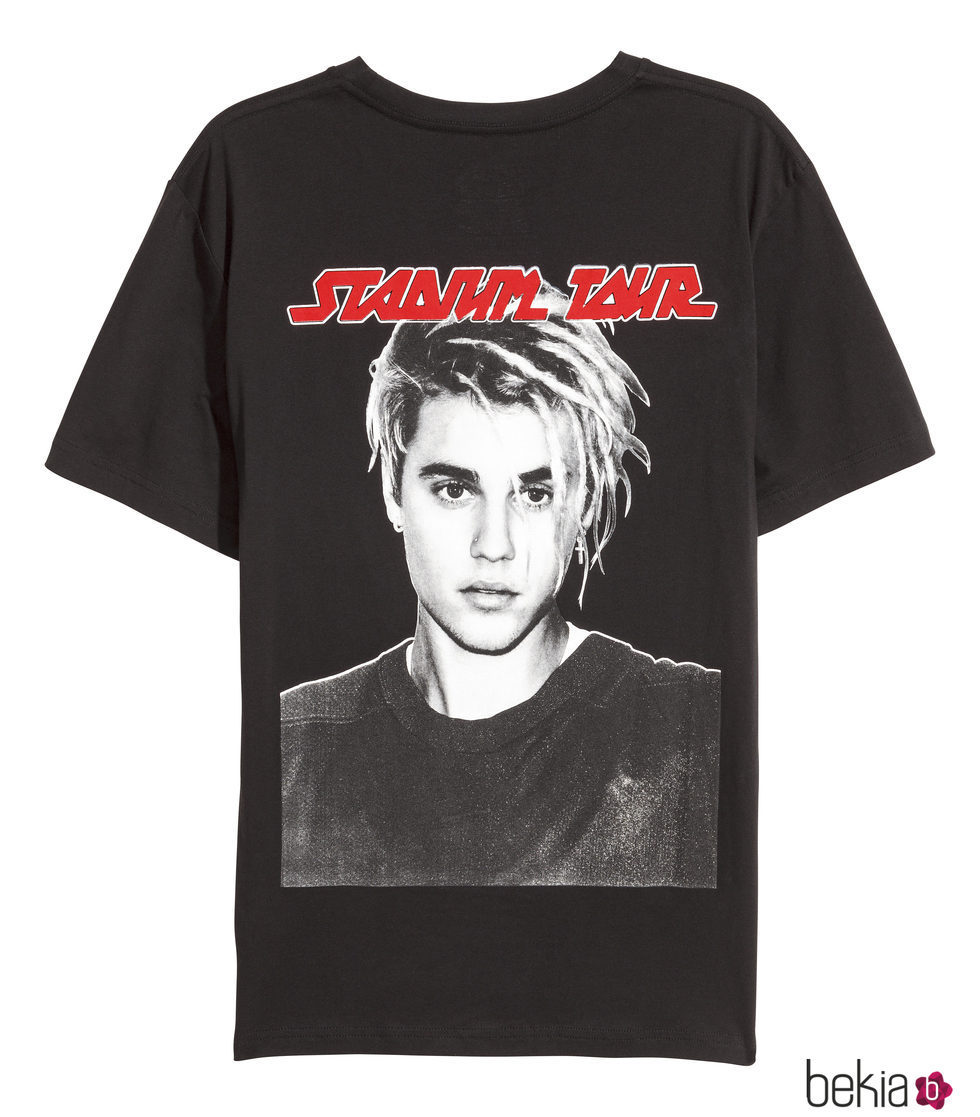 Camiseta negra con rostro de Justin bieber para su colección con H&M