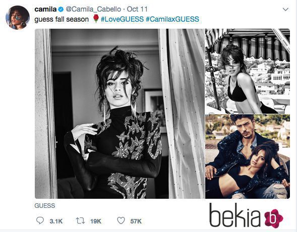 Cuenta de twitter de la cantante Camila Cabello anunciando la colección de 'Guess' en la que ha participado