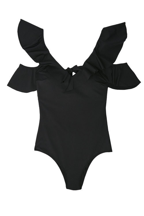 Traje de baño negro con volantes de la colección Beachwear SS18 de Oysho