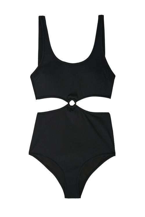 Traje de baño negro con aberturas asimétricas de la colección Beachwear SS18 de Oysho
