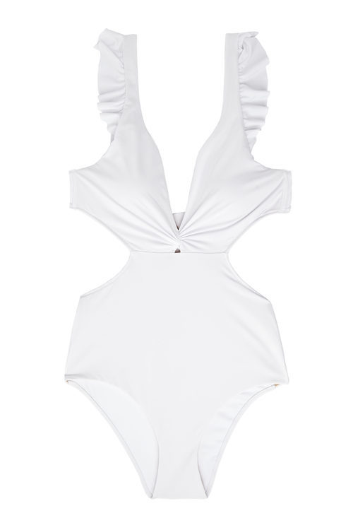 Traje de baño blanco con mangas volante de la colección Beachwear SS18 de Oysho