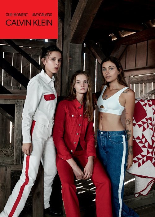 Paris Jackson, Millie Bobby Browns y Lulu Tenney posando para  la colección de Calvin Klein #MYCALVINS para primavera 2018