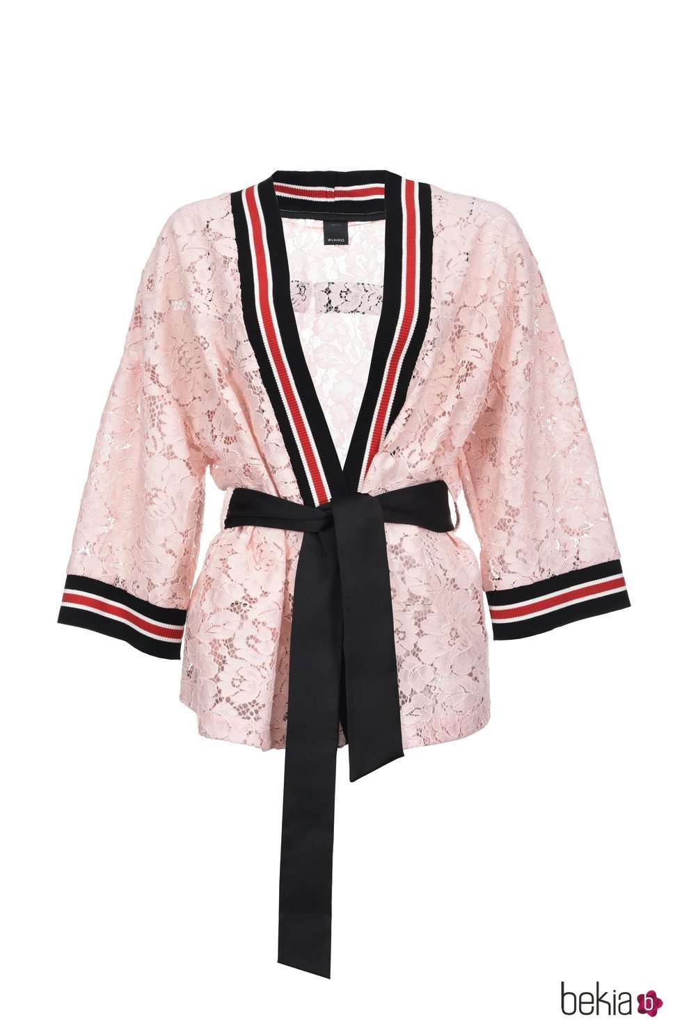 Kimono midi de encaje floral rosa de la nueva colección de Pinko de kimonos