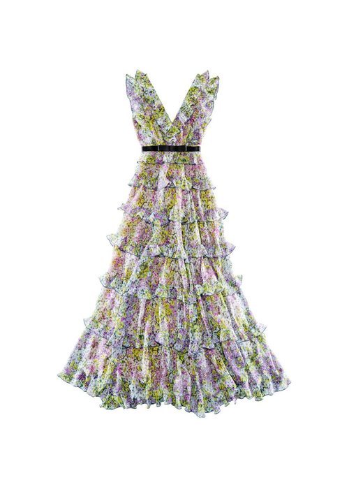 Vestido de flores y volantes verde y violeta de la colección H&M y Giambattista Valli