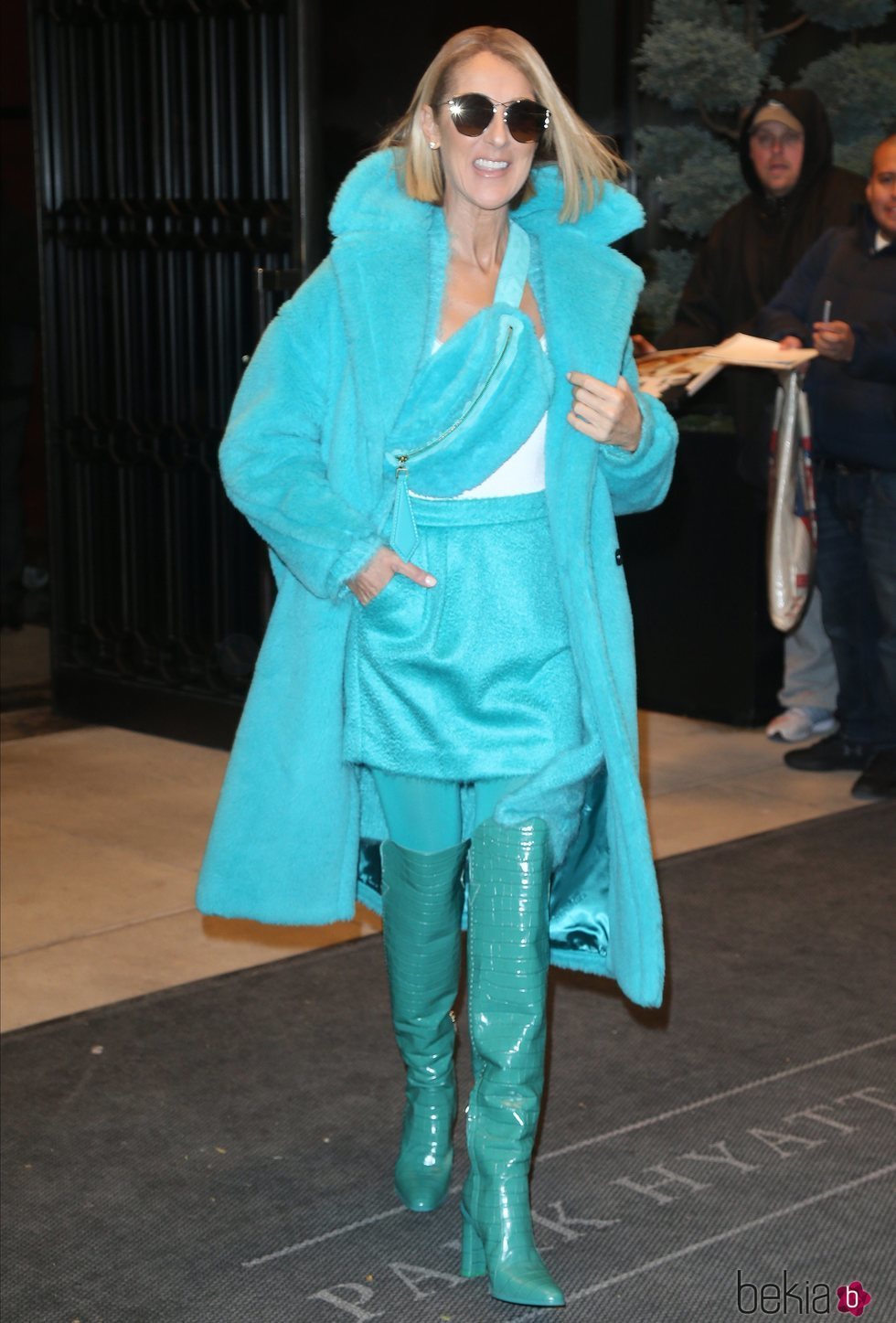 Celine Dion con look azul de pelo sintético en Nueva York