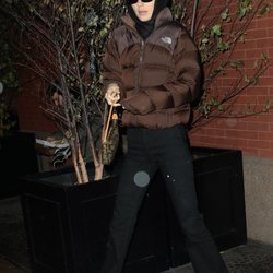 Kendall Jenner con un abrigo plumas marrón de The North Face
