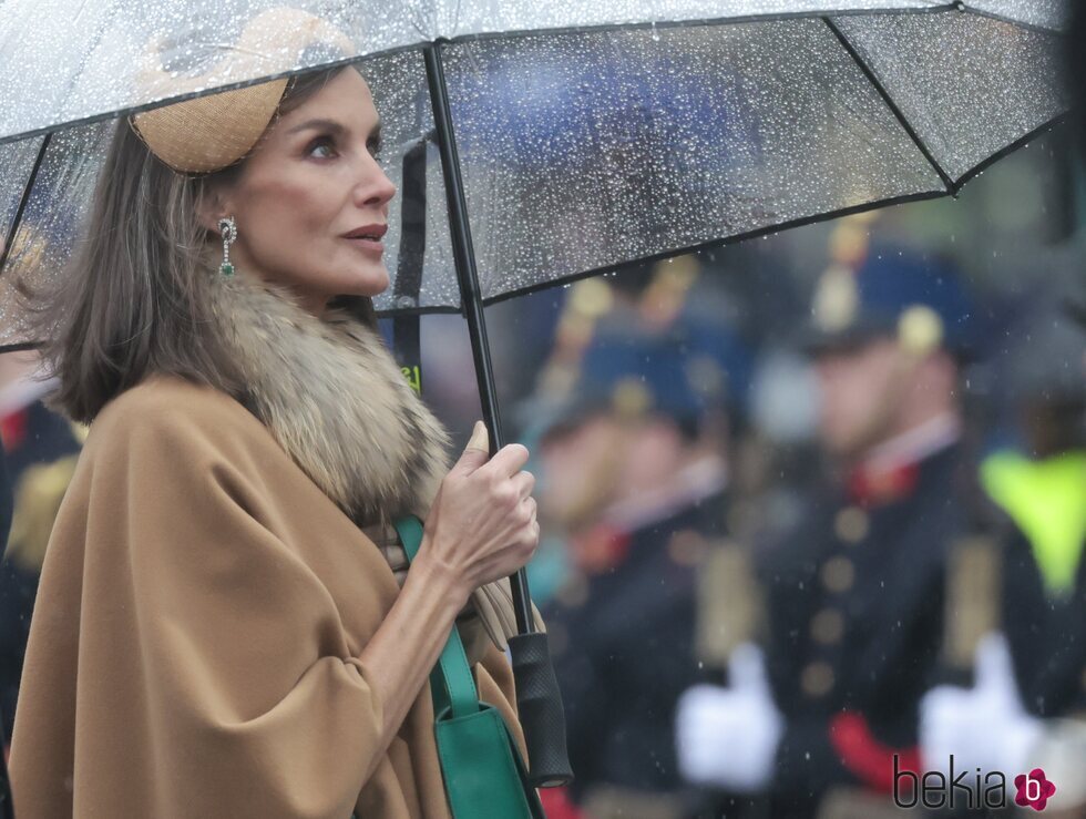 La Reina Letizia con pendientes de la Reina Sofía en la ofrenda floral en Amsterdam en su Visita de Estado a Países Bajos