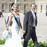 La Princesa Tatiana de Grecia con un vestido azul cielo en la boda de Magdalena de Suecia y Chris O'Neill