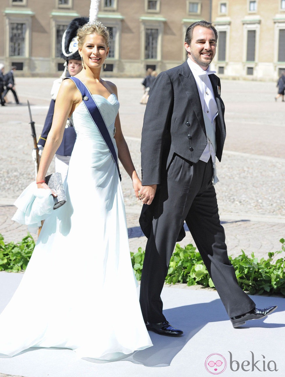 La Princesa Tatiana de Grecia con un vestido azul cielo en la boda de Magdalena de Suecia y Chris O'Neill