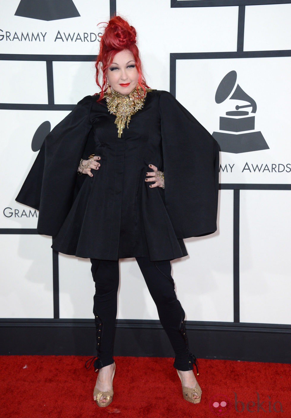 Cyndi Lauper con un vestido de Alexander McQueen en la alfombra roja de los Premios Grammy 2014