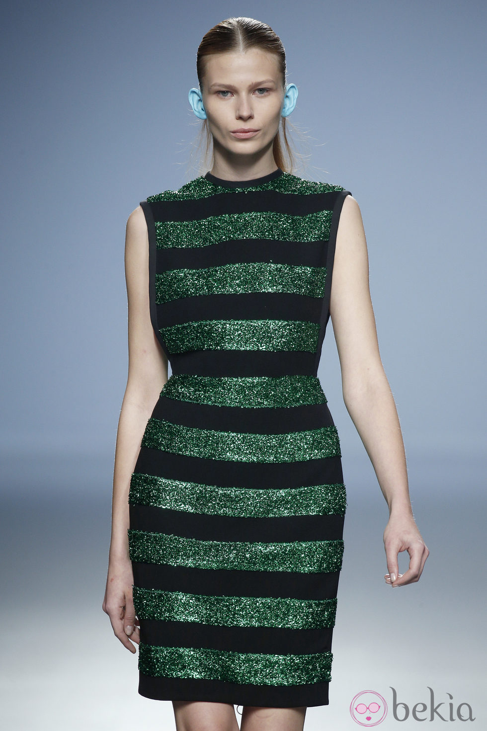 Vestido rayas verdes y negras de Davidelfin en Madrid Fashion Week primavera/verano 2015