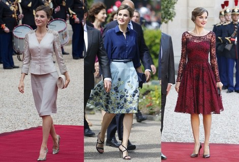 La Reina Letizia con un vestido de tul y color marsala de Felipe Varela en París