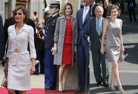 La Reina Letizia con un vestido de cuero en color gris en su viaje a París