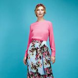 Conjunto camisa fucsia y falda tobillera recta print floral colección Primavera/ Verano 2016 de Dolores Promesas